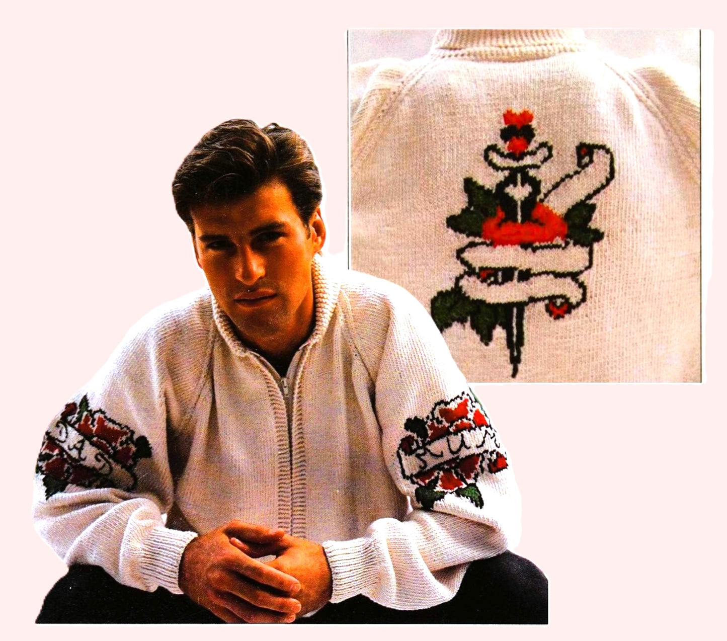 Vintage Knitting Pattern Womens Mens Tattoo Motif Sweater Jacket & Tank Top PDF Instant Digital Download Fun Novelty Roses Dagger Tatts Tops