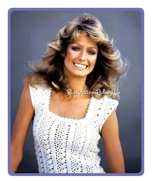 Vintage Crochet Pattern Womens Picot Edge Lacy Top Short Sleeves Farrah Fawcett PDF Instant Digital Download Retro '70s Boho Cotton Thread