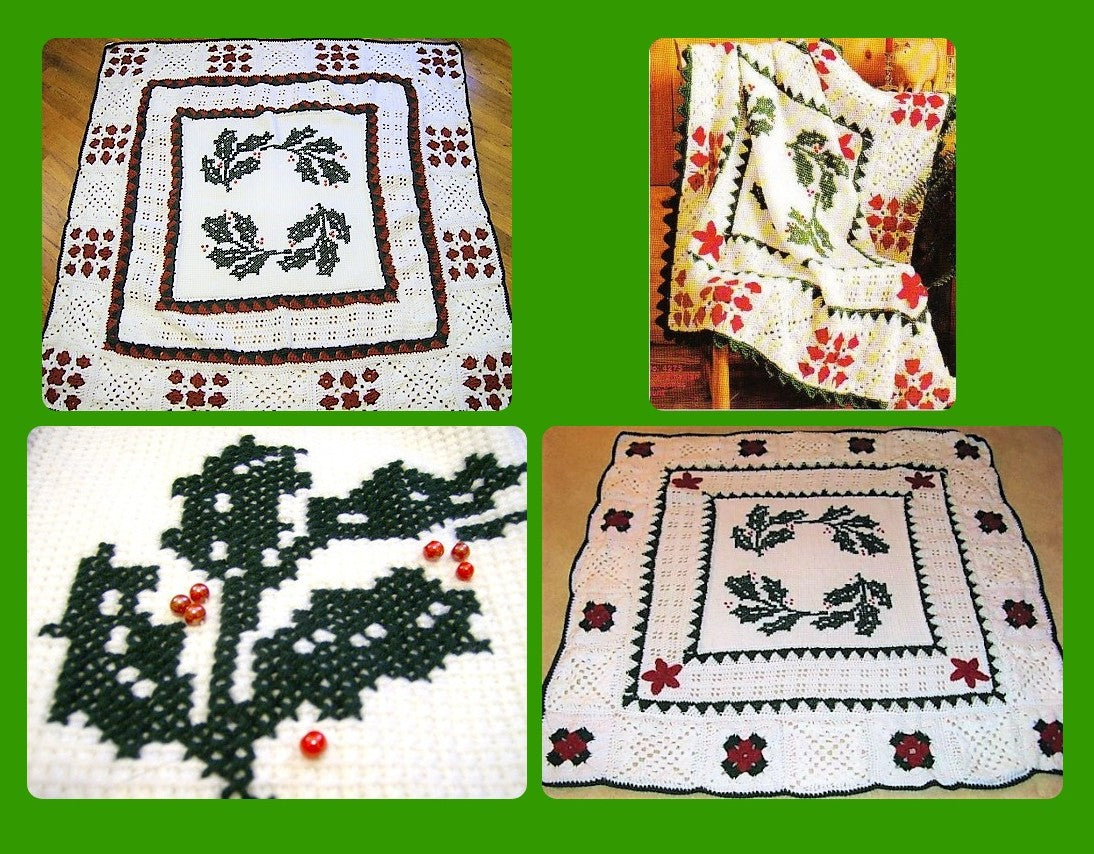 Vintage Crochet Pattern Scandinavian Christmas Holly Afghan PDF Instant Digital Download Tunisian Stitch Cross Stitch Square Blanket 56x56