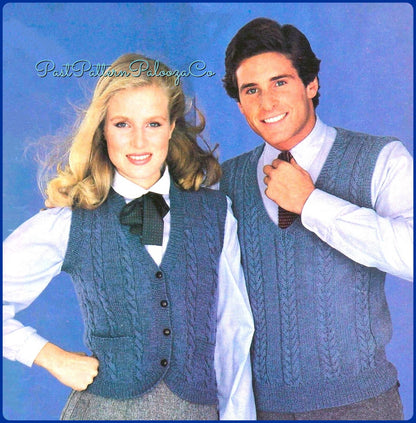 Vintage Knitting Pattern His & Hers Classic Cable Knit Cardigan Pullover and Vest Sweaters PDF Instant Digital Download Womens Mens Vests