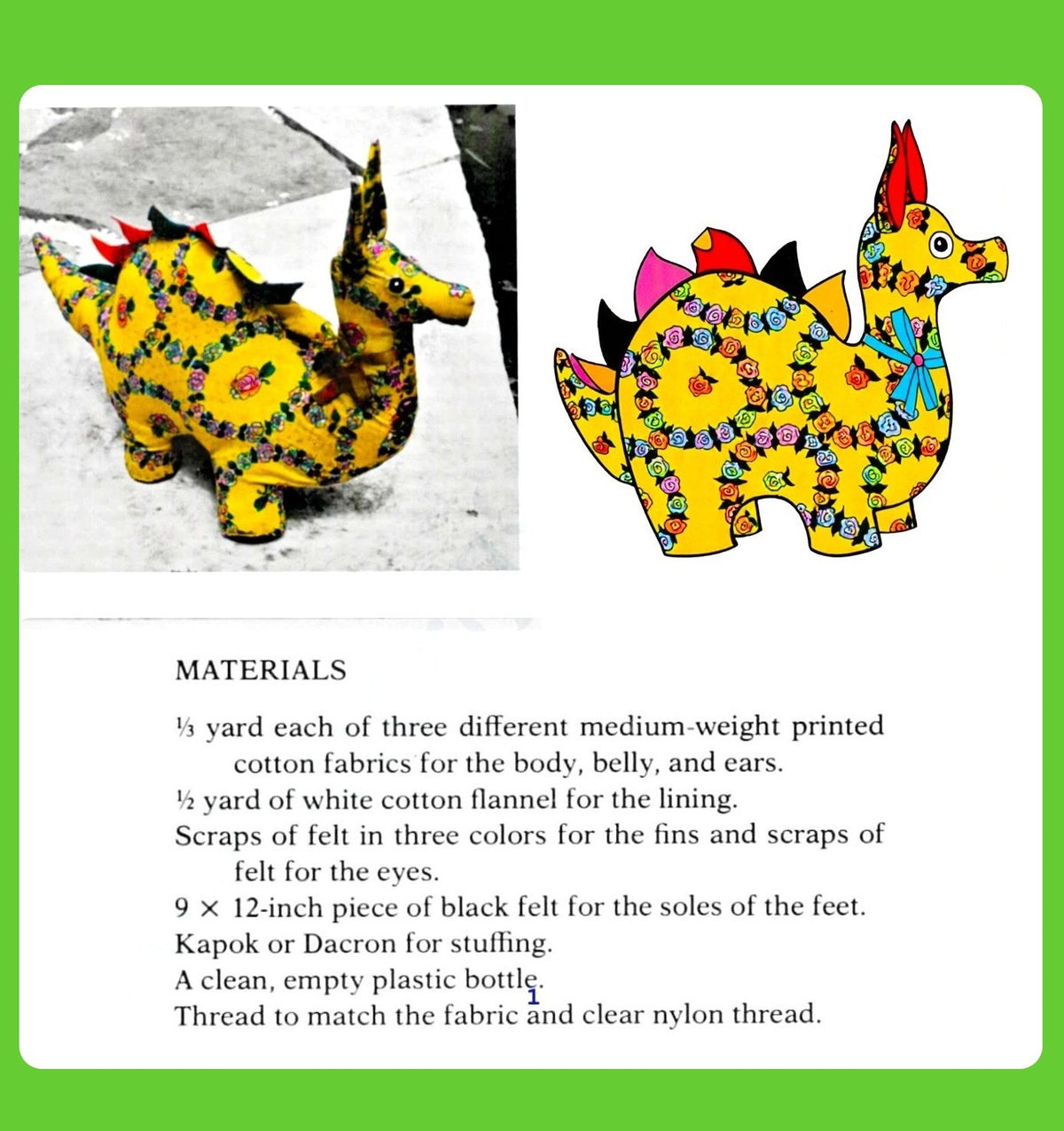 Vintage Sewing Pattern 17" Plush Dragon Cotton Print Fabric Soft Toy PDF Instant Digital Download Sewn Mystical Serpent Animal