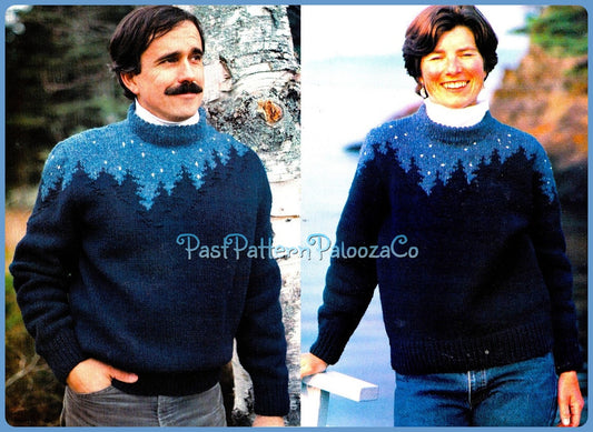 Vintage Knitting Pattern Starry Night Picture Sweater PDF Instant Digital Download His Hers Adult Unisex Northern Mountains Trees Skyline