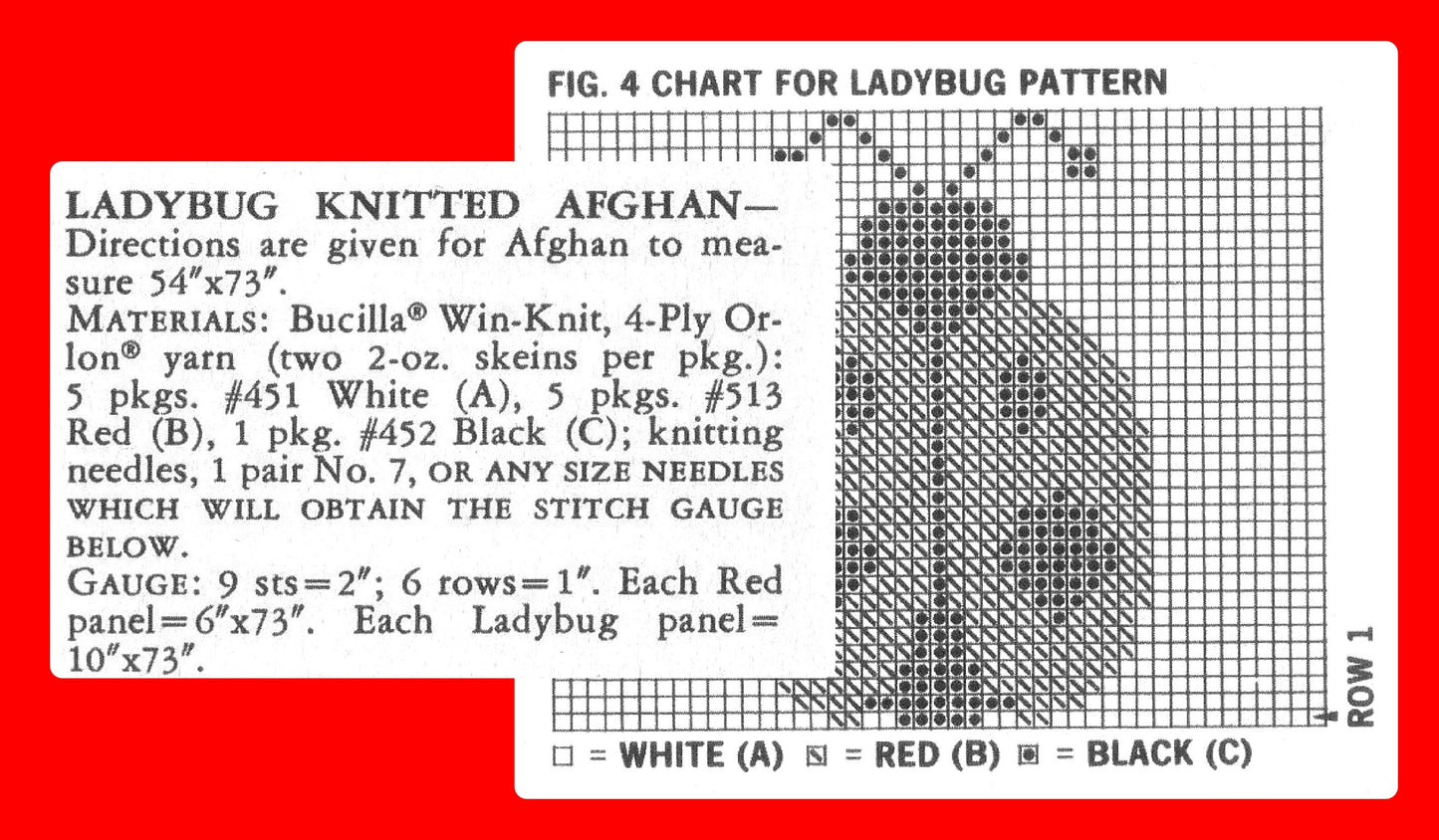 Vintage Knitting Pattern Ladybug  Stripes Afghan PDF Instant Digital Download Lady Bug Ladybird  Motif Throw Blanket 54x73 4 Ply