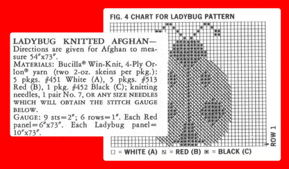 Vintage Knitting Pattern Ladybug  Stripes Afghan PDF Instant Digital Download Lady Bug Ladybird  Motif Throw Blanket 54x73 4 Ply