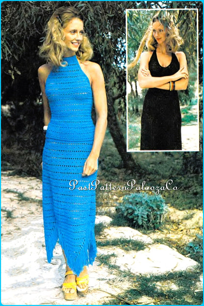 Vintage Crochet Pattern Retro Womens Halter Cami Top & Skirt Set and Halter Maxi Dress PDF Instant Digital Download Two Boho 70s Designs DK