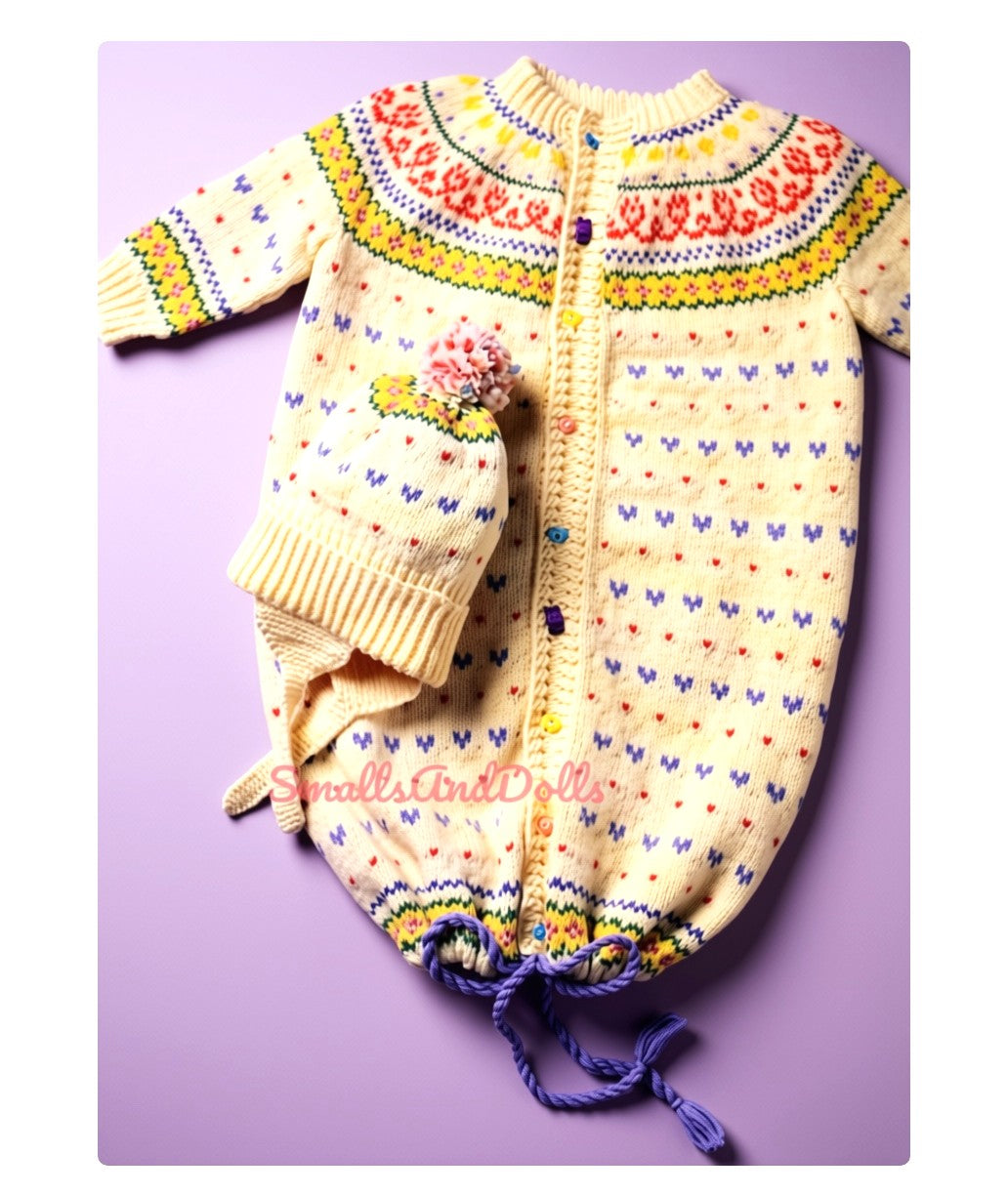 Vintage Knitting Pattern Knit Fair Isle Baby Bunting Sleeping Bag with Pompom Hat PDF Instant Digital Download 0-6m 5 Ply