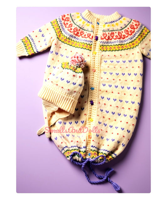 Vintage Knitting Pattern Knit Fair Isle Baby Bunting Sleeping Bag with Pompom Hat PDF Instant Digital Download 0-6m 5 Ply