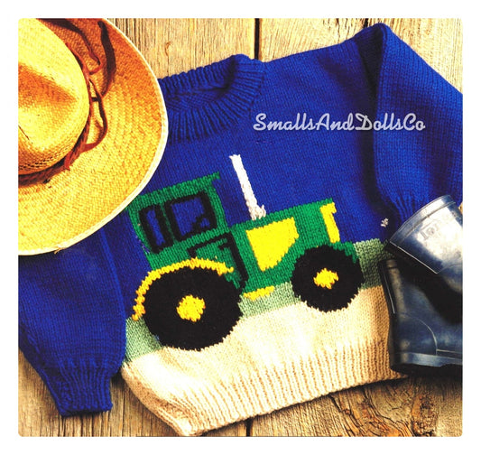Vintage Knitting Pattern Knit Kids Boys Tractor Sweater PDF Instant Digital Download Toddler to Big Boy Yellow Green Farm Pullover 2-8 yrs