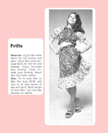 Vintage Sewing Pattern Womens Two Piece Frilly Dress Retro 70s PDF Instant Digital Download Gypsy Chic Flouncy Ruffled Crop Top and Skirt