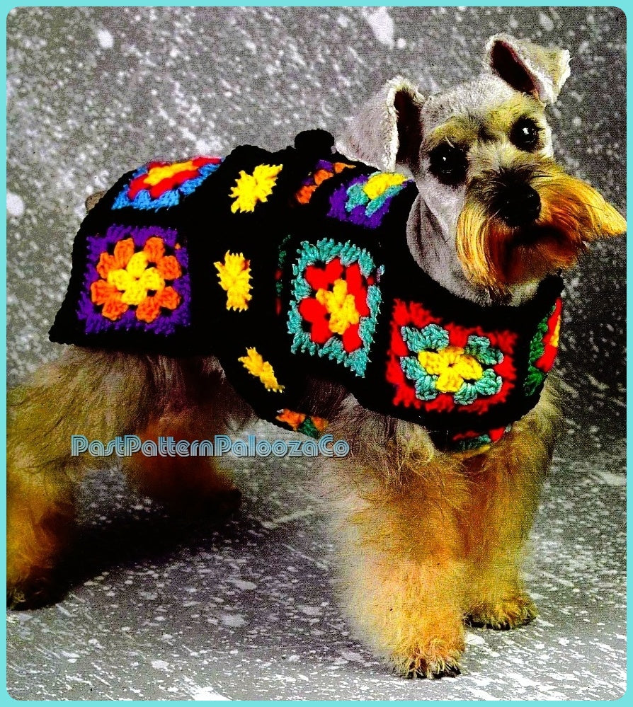 Vintage Crochet Pattern Small Breed Dog Coat Retro Groovy Granny Square Belted Puppy Sweater PDF Instant Download Fits Most Small Dogs