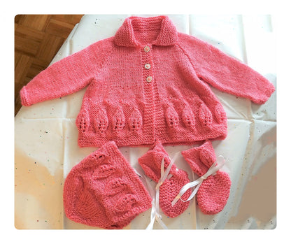 Vintage Knitting Pattern Baby Girl Leaf Border Cardigan Jacket Sweater Bonnet Booties Set PDF Instant Digital Download 0-12 m DK