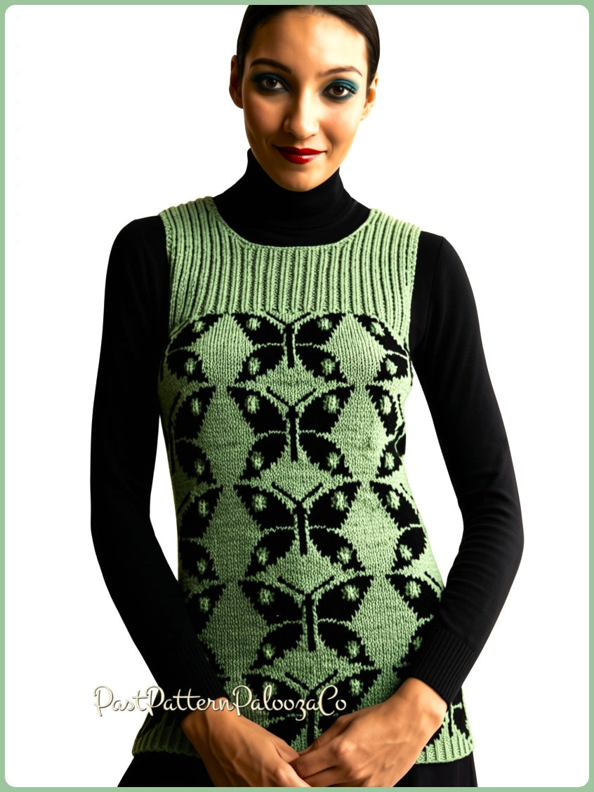 Vintage Knitting Pattern Womens Butterfly Vest Fair Isle Butterflies Ribbed Yoke PDF Instant Digital Download Retro Boho Chic 4 Ply