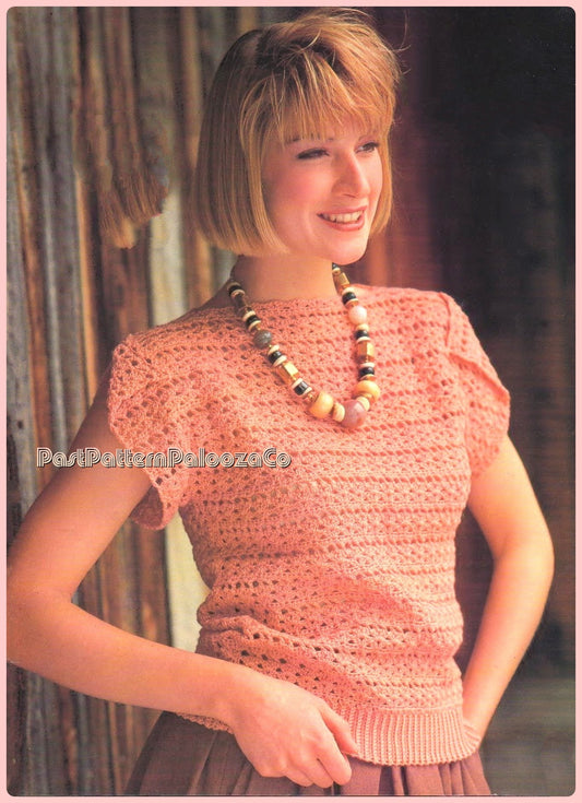 Vintage Crochet Pattern Womens Lacy Summer Blouse Tee Top PDF Instant Digital Download Pretty Retro Short Sleeved Cotton Thread