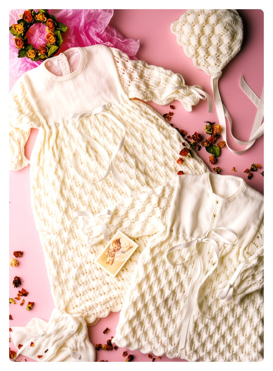 Vintage Knitting Pattern Baby Girl Diamond Waffle Christening Layette Set Gown Coat Bonnet Booties PDF Instant Digital Download 0-12m 3 Ply