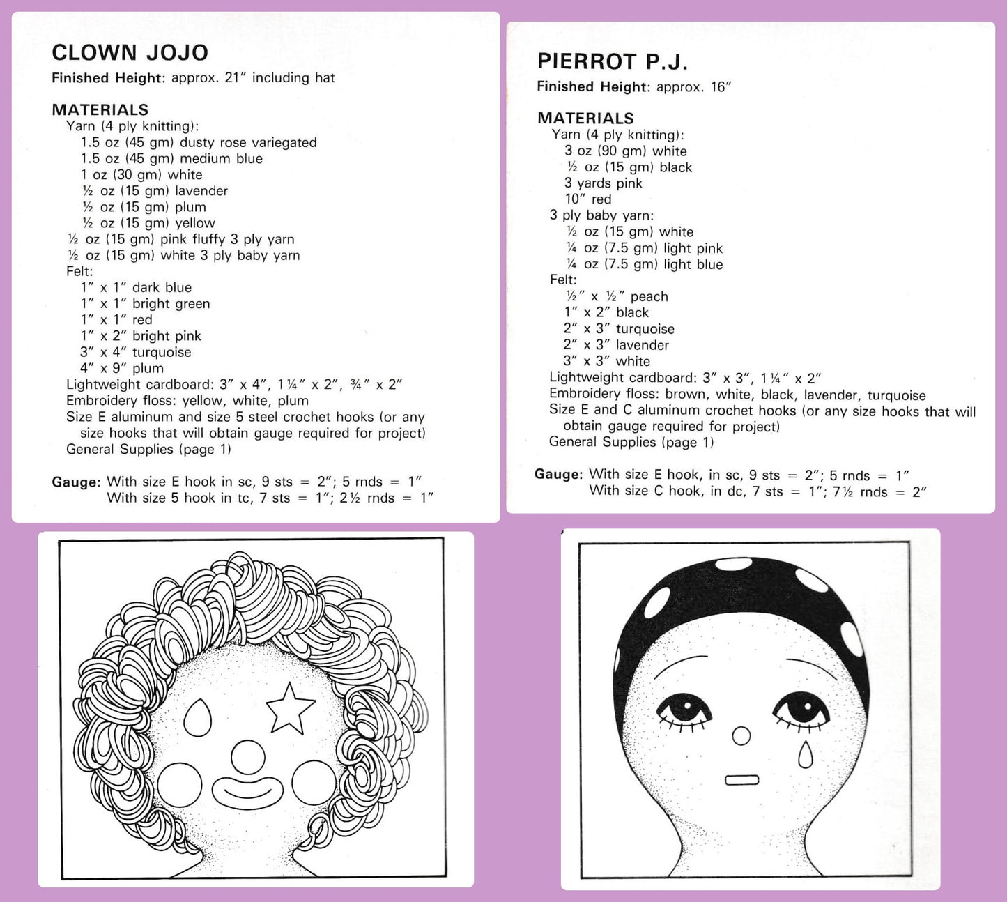 Vintage Crochet Pattern Circus Clown and French Mime Pierrot Clown Dolls PDF Instant Digital Download Two Amigurumi Plush Stuffed Toys 4 Ply