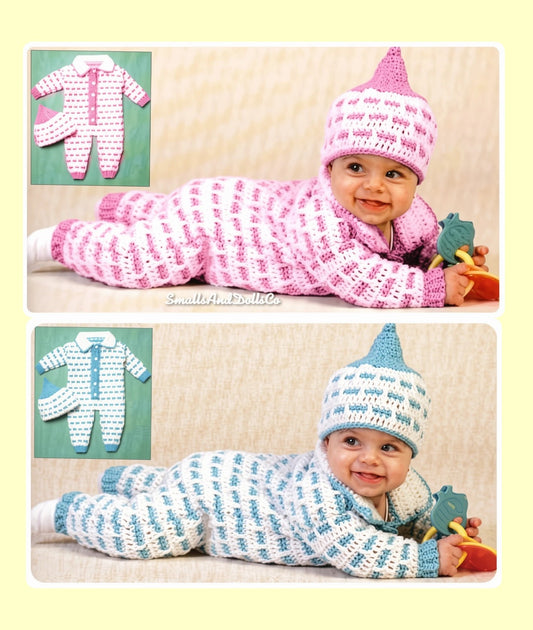 Vintage Crochet Pattern Baby Boy or Girl Playsuit & Hat Set PDF Instant Digital Download Dashed Stripes Long Romper 6 and 18 Months 5 Ply