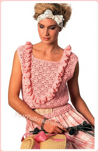 Vintage Crochet Pattern Womens Romantic Scoop Ruffle Summer Blouse Shell Top PDF Instant Digital Download Sleeveless Feminine DK