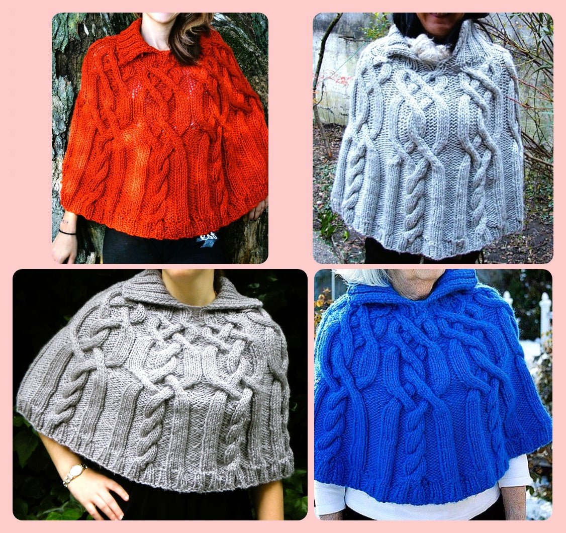 Vintage Knitting Pattern Womens Fisherman Cabled Poncho with Collar PDF Instant Digital Download 12 Ply Hug Shrug