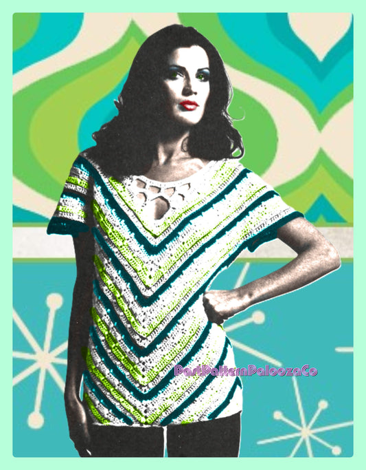 Vintage Crochet Pattern Womens Chevron V-Striped Cotton Top Short Sleeves PDF Instant Digital Download Retro '70s Keyhole Neck Puff Stitch