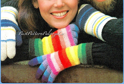 Vintage Crochet Pattern His Hers Striped Gloves PDF Instant Digital Download In the Round Rainbow Novelty Womens Mens Gloves