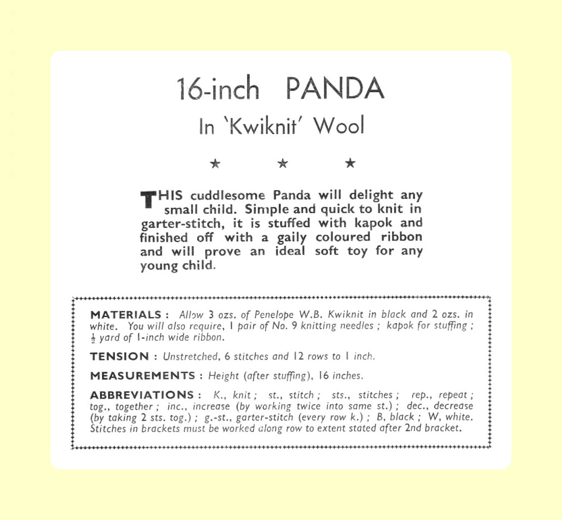 Vintage Knitting Pattern 16" Panda Bear Soft Toy Doll PDF Instant Digital Download Easy Garter Stitch Stuffed Animal Bulky Chunky 12 Ply