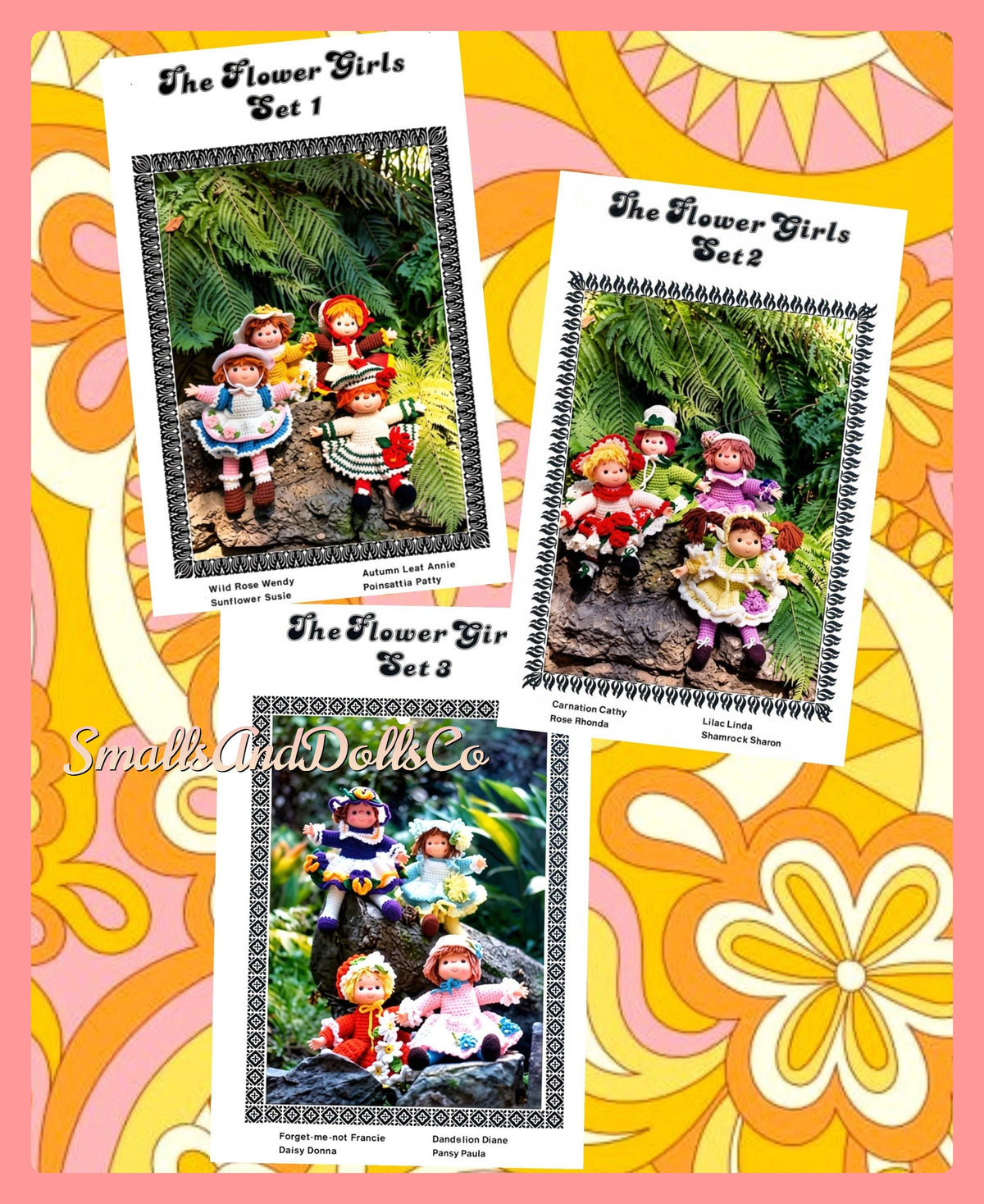 Vintage Crochet Patterns The Flower Girls Yarn Head Dolls PDF Instant Digital Download 12 Floral Craft Doll Designs Retro 1980s 4 Ply Mitzy
