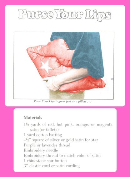 Vintage Sewing Pattern 28" Fabric Lips Purse OR Throw Pillow PDF Instant Digital Download Retro Seventies Eighties Glam Rocker Chic