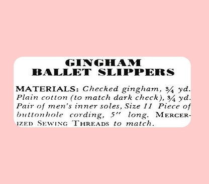 Vintage Sewing Pattern Pretty Womens Gingham Ballet House Slippers PDF Instant Digital Download Slip On Flats One Size