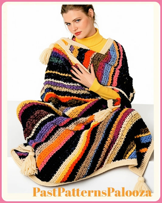 Vintage Crochet Pattern Striped Tassel Afghan Blanket PDF Instant Digital Download Colorful Stripes Scrapghan 10 Ply Easy Beginners