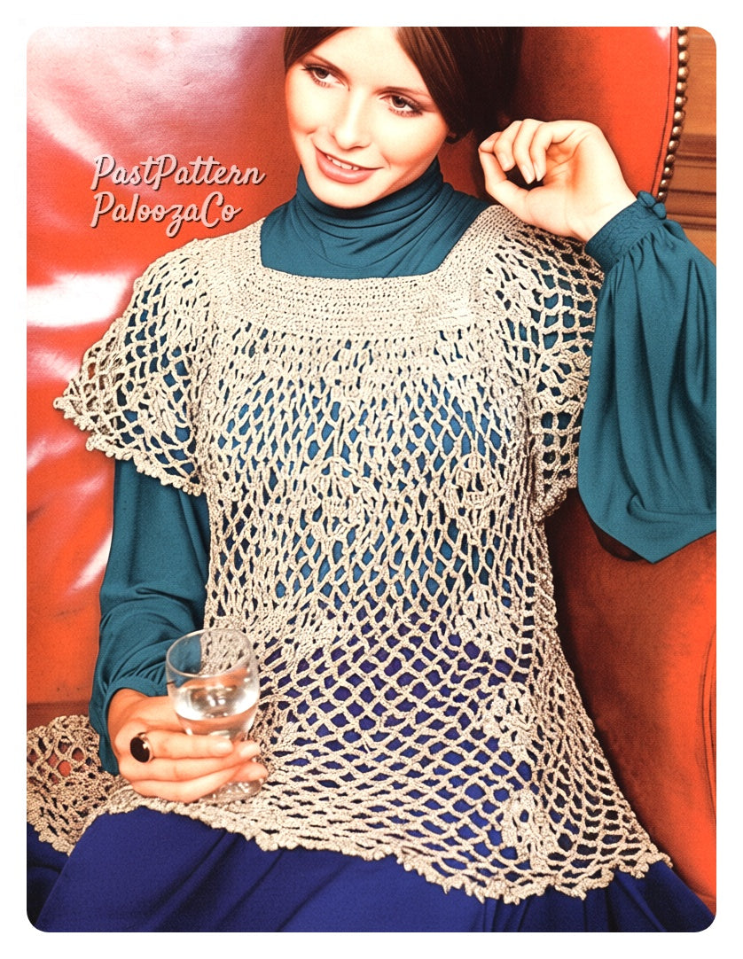 Vintage Crochet Pattern Womens Boho Lacy Glitter Evening Top PDF Instant Digital Download Retro Lace Smock 4 Ply Metallic Yarn