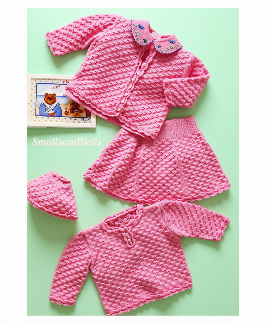 Vintage Knitting Pattern Baby Girls Textured Eyelet Cardigan Sweater Skirt Bonnet Set PDF Instant Digital Download 12m - 2 yrs 3 Ply