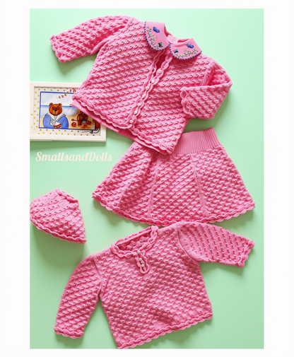 Vintage Knitting Pattern Baby Girls Textured Eyelet Cardigan Sweater Skirt Bonnet Set PDF Instant Digital Download 12m - 2 yrs 3 Ply