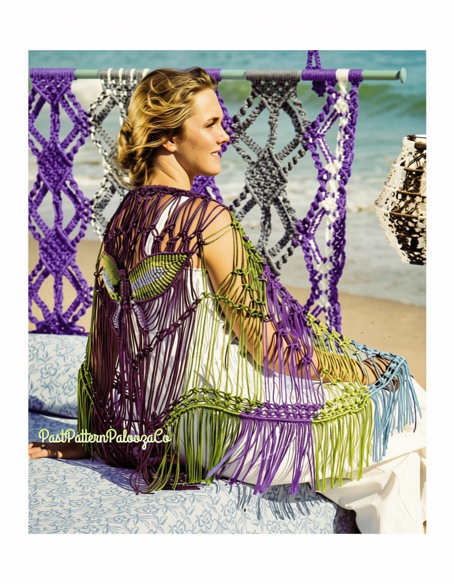 Vintage Macrame Pattern Womens Butterfly Shawl Wrap Fringed Beachcover PDF Instant Digital Download Hippie Boho Chic