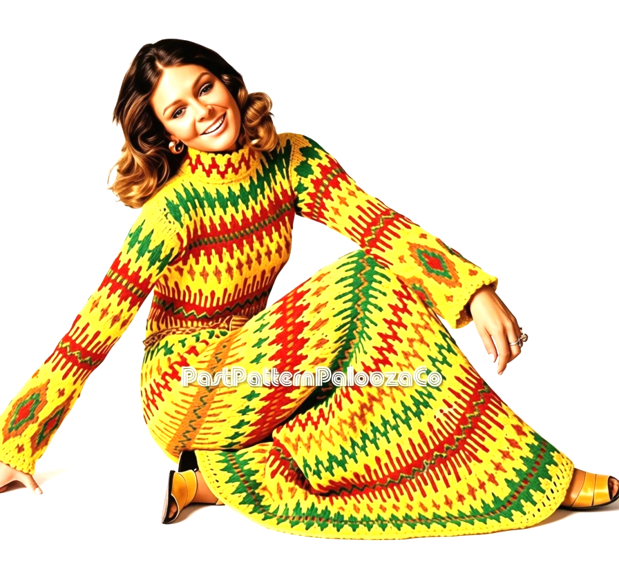 Vintage Knitting Pattern Womens Fireside Jacquard Maxi Dress PDF Instant Digital Download Boho Retro 70s Groovy Gown
