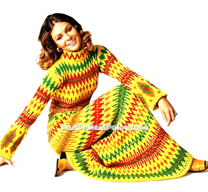 Vintage Knitting Pattern Womens Fireside Jacquard Maxi Dress PDF Instant Digital Download Boho Retro 70s Groovy Gown