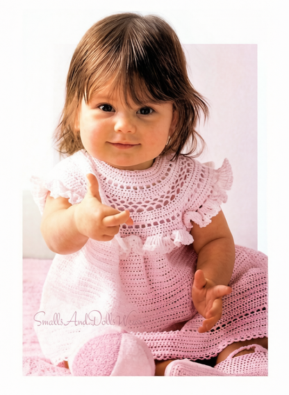 Vintage Crochet Pattern Baby Girl Ruffled Yoke Dress and Bootie Shoes Set Lacy Openwork PDF Instant Digital Download 6m - 12m
