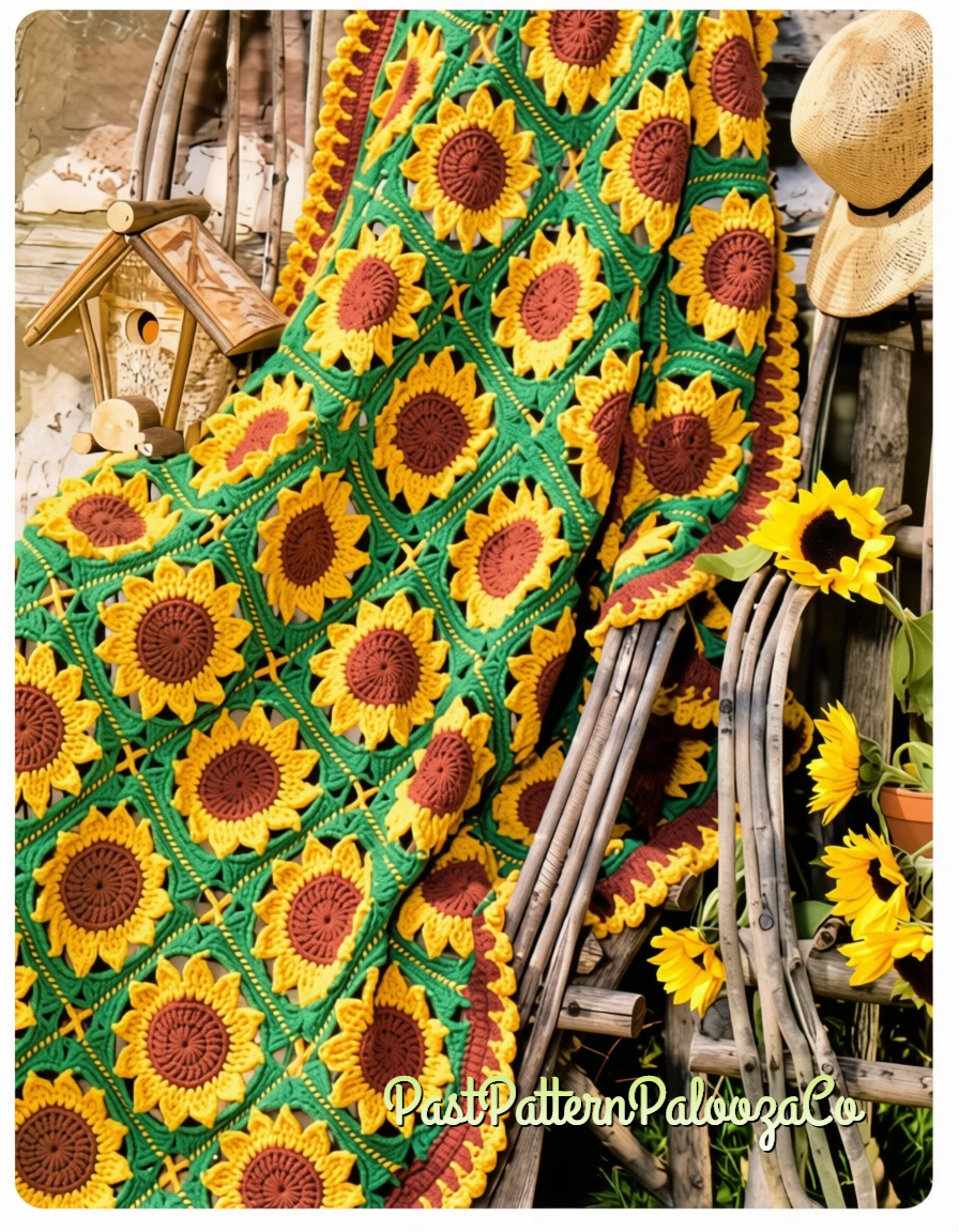 Crochet Sunflower Motif Afghan Pattern PDF Instant Digital Download Vintage Sunflowers Afghan Blanket 42x54 10 Ply