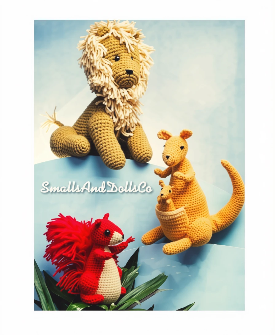 Vintage Crochet Pattern 8-14" Lion Squirrel Kangaroo Soft Toy Dolls Amigurumi Animals PDF Instant Digital Download 10 Ply