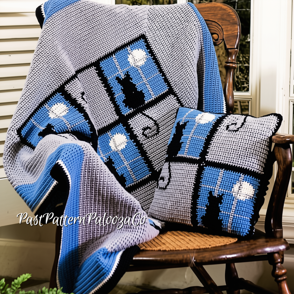 Vintage Crochet Cat In The Window Afghan & Pillow Pattern PDF Instant Digital Download Black Cats Moonlight Windows Motif Square Blanket