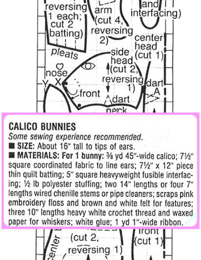 Vintage Sewing Pattern 16" Calico Bunnies Soft Toy Dolls PDF Instant Digital Download Cotton Fabric Stuffed Easter Bunny Non Jointed