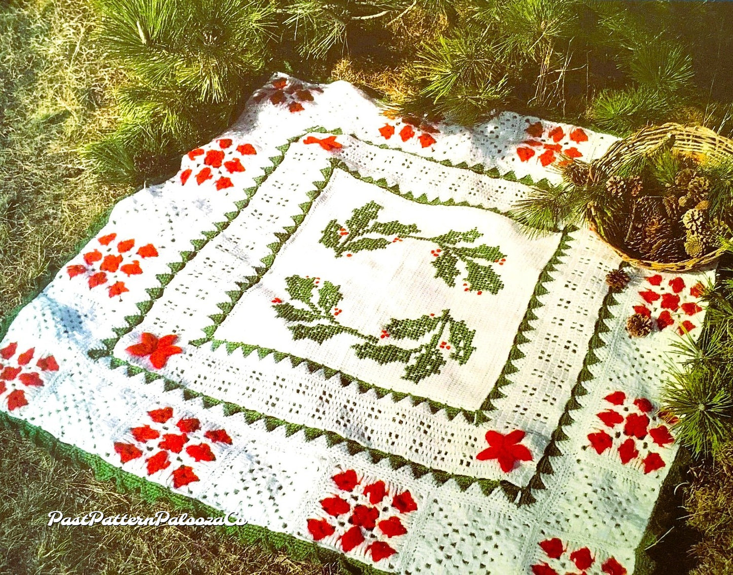 Vintage Crochet Pattern Scandinavian Christmas Holly Afghan PDF Instant Digital Download Tunisian Stitch Cross Stitch Square Blanket 56x56