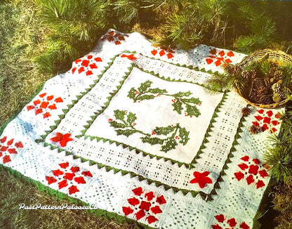 Vintage Crochet Pattern Scandinavian Christmas Holly Afghan PDF Instant Digital Download Tunisian Stitch Cross Stitch Square Blanket 56x56