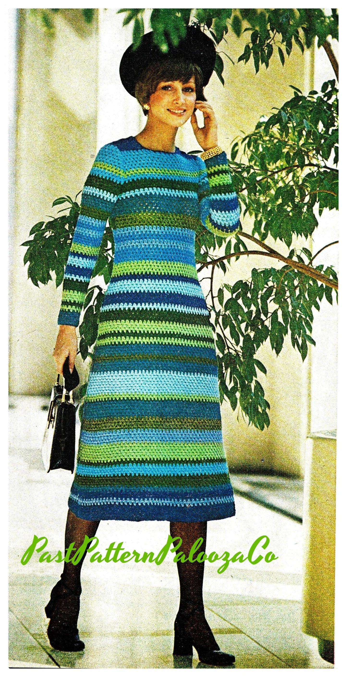 Vintage Crochet Pattern Womens Striped Sea and Sky Midi Dress PDF Instant Digital Download Retro Striped Longuette Gown Maxi Midi or Mini