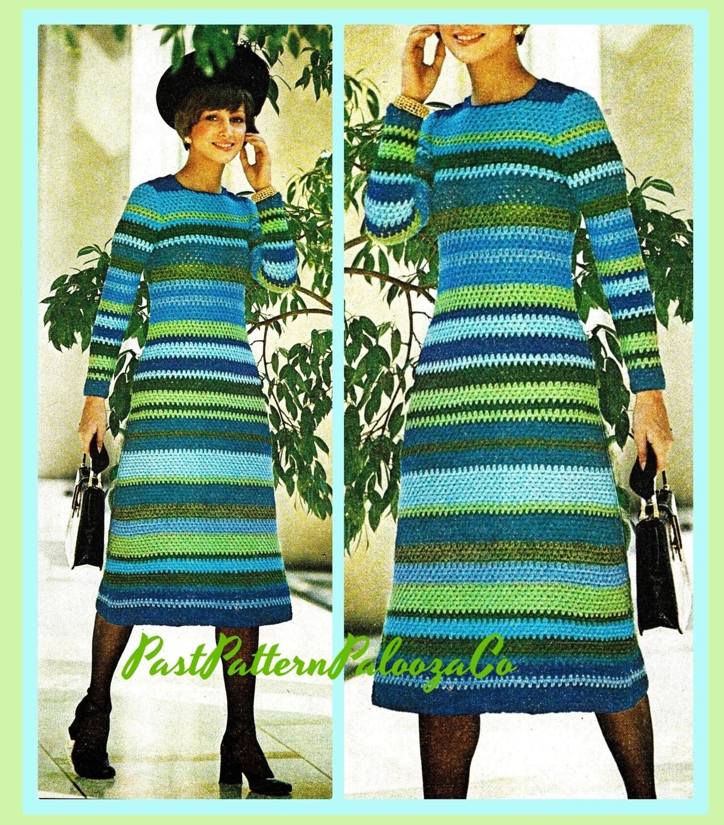 Vintage Crochet Pattern Womens Striped Sea and Sky Midi Dress PDF Instant Digital Download Retro Striped Longuette Gown Maxi Midi or Mini