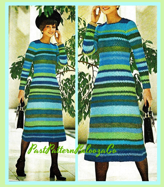 Vintage Crochet Pattern Womens Striped Sea and Sky Midi Dress PDF Instant Digital Download Retro Striped Longuette Gown Maxi Midi or Mini
