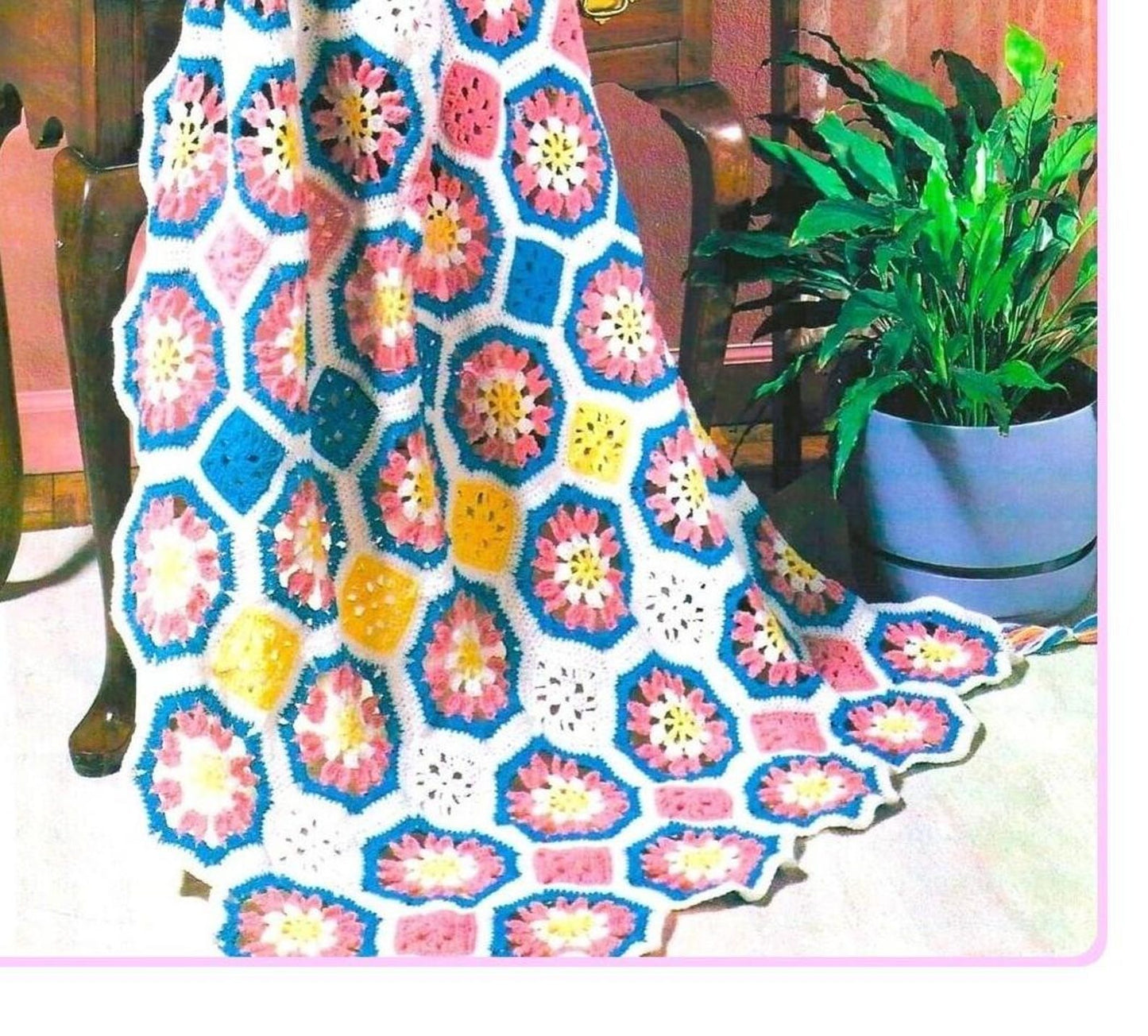Vintage Crochet Pattern Octagon Grannies Flower Patch Afghan PDF Instant Digital Download Blanket Throw Puff Stitch Petals 10 Ply