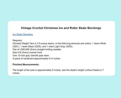 Vintage Crochet Pattern 7" Ice Skate Roller Skate Christmas Stockings PDF Instant Digital Download