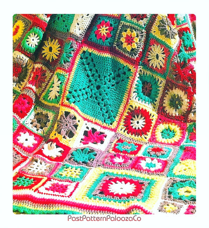 Vintage Crochet Pattern Granny Square Sampler Afghan Patchwork Garden PDF Instant Digital Download 11 Motifs Blanket 50x64 10 Ply