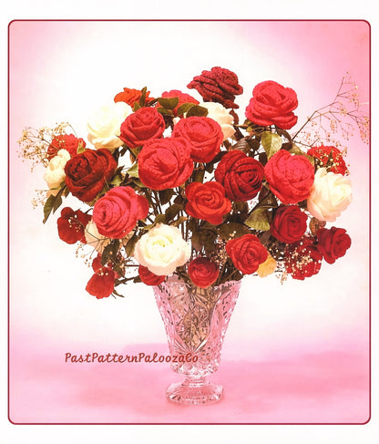 Vintage Crochet Pattern Roses Flower Bouquet 3 Sizes PDF Instant Digital Download Artificial Arrangement