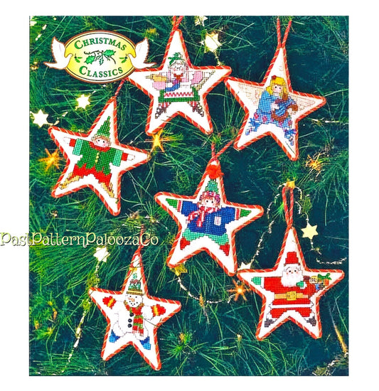 Vintage Cross Stitch Ornaments Pattern 6" Star Shaped Classic Christmas Characters PDF Instant Digital Download Santa Snowman Angel